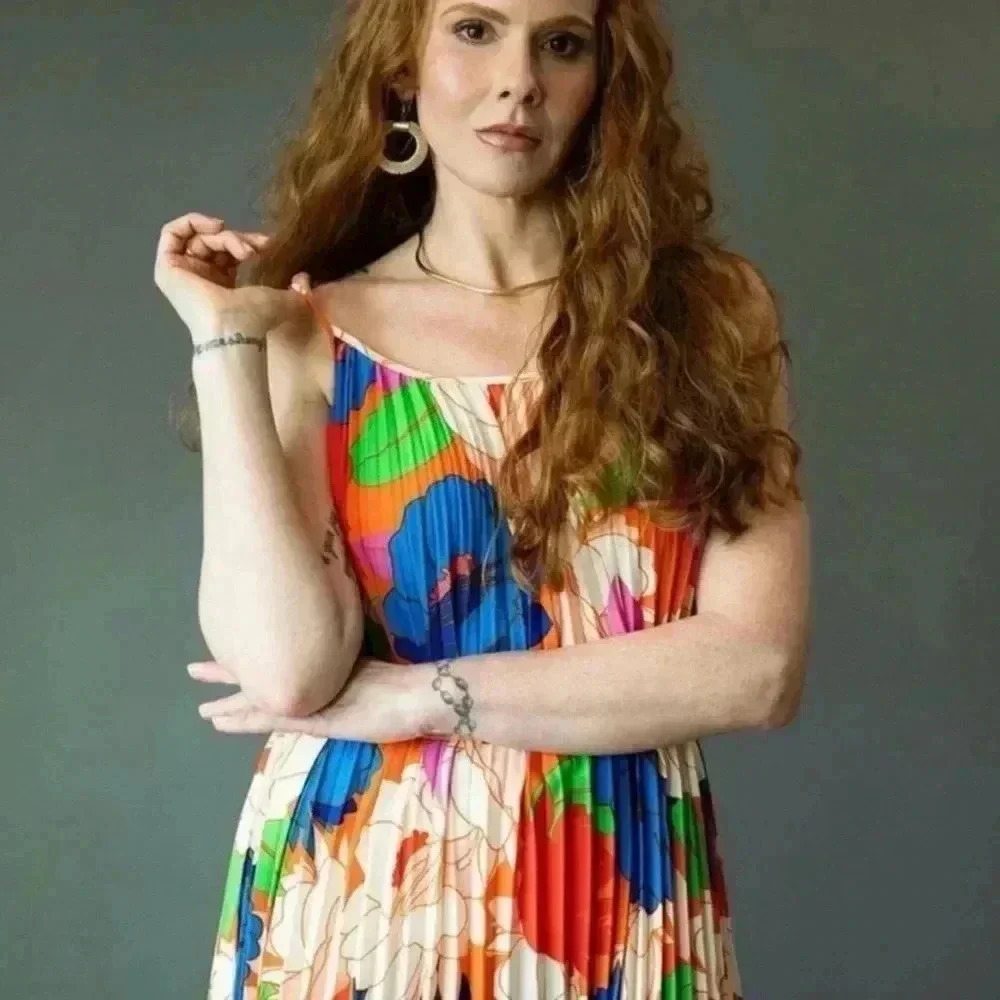 NWT Sam Edelman Pleated Floral Midi Dress Resort Vacation Colorful Sundress M - Picture 9 of 12
